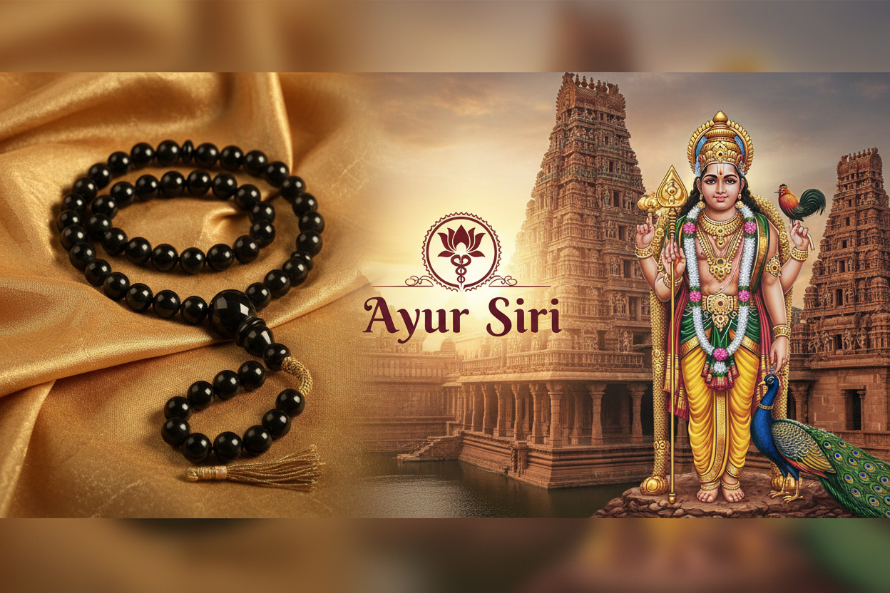create an image using left side karungali mala and right side Hindu god murugan and in center using ayur siri logo and background is Hindu temple